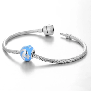 Pulsera de plata S925 con abalorio de Capricornio en esmalte azul claro y cadena de serpiente