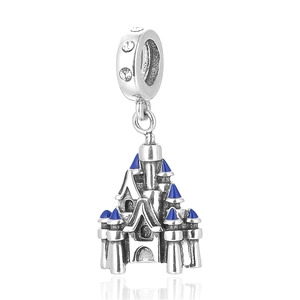 Pendentif château en argent 925 avec émail bleu et zircons pour bracelet DIY