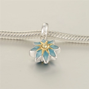 S925 sterling silver floral charm with sky blue enamel and golden star gem detail
