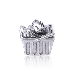 S925 sterling silver kitten in basket charm bead with vintage finish for DIY bracelets