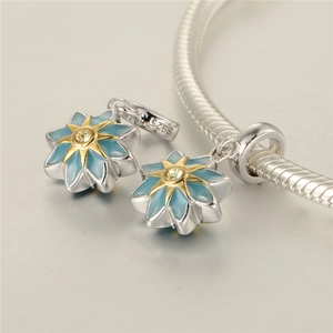 S925 sterling silver snake chain bracelet with blue enamel star flower charms and gems