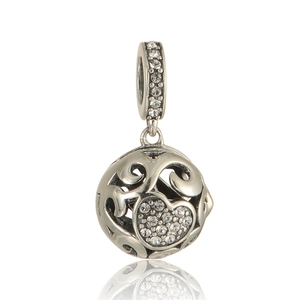 Polished S925 sterling silver hollow ball charm with sparkling zircon heart for bracelets