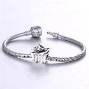 S925 sterling silver cat in basket charm on snake chain bracelet with vintage finish