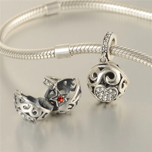 S925 silver snake chain bracelet with openable hollow heart charms and red star gems
