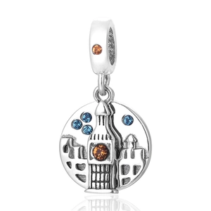 Charm Big Ben de Londres en argent S925 avec zircons cubiques bleus et oranges