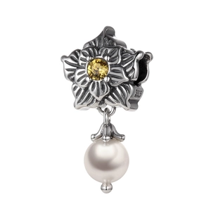 S925 sterling silver flower pendant with yellow zircon and white freshwater pearl drop