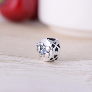 925 sterling silver cartoon bear charm bead with blue enamel bow for DIY bracelets