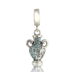 Detailed close-up of S925 silver amphora charm with blue pavé crystals and floral engraving