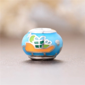 Abalorio de trineo navideño en esmalte azul de plata S925 para pulseras DIY