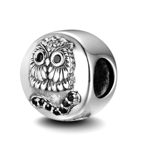 S925 Sterling Silver Owl Bead Charm with Black Cubic Zirconia for DIY Bracelet