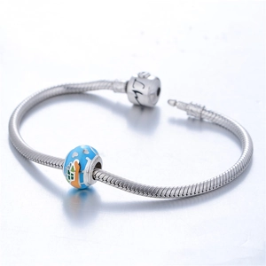 Pulsera de cadena de serpiente de plata S925 con colgante de esmalte azul casa y corazón