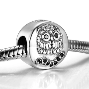 S925 sterling silver owl bead charm with black zircon eyes on a snake chain bracelet