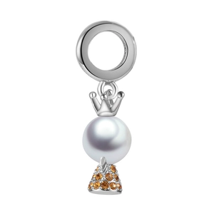 S925 sterling silver crown charm with white pearl and orange pavé crystal settings