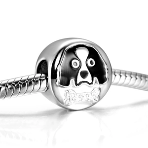 S925 sterling silver puppy dog charm bead with enamel finish and crystal bone detail