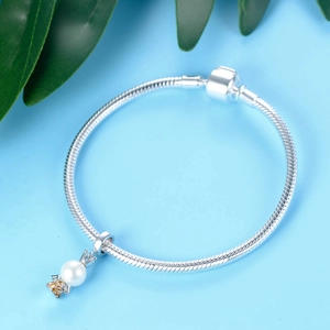S925 silver snake chain bracelet with white pearl and gold diamond crown charm