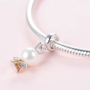 S925 sterling silver snake chain bracelet with crown pearl charm and yellow gemstones