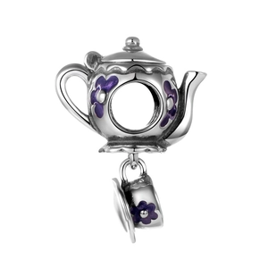 S925 sterling silver teapot and teacup charm with purple enamel flower for DIY jewelry