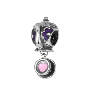 S925 sterling silver teapot and teacup charm with purple flower enamel for DIY jewelry