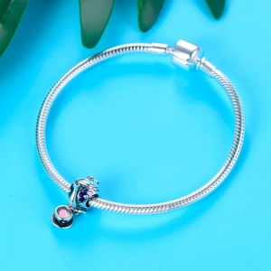 S925 sterling silver teapot charm on snake chain with purple enamel flower detail