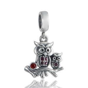 S925 Sterling Silver Owl Charm Bead Purple Red Rhinestone Animal Pendant For DIY Bracelet Necklace Women Jewelry Gift