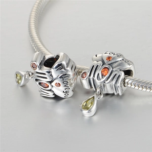 S925 sterling silver Mom charm bead with Love You engraving and colorful cubic zirconia