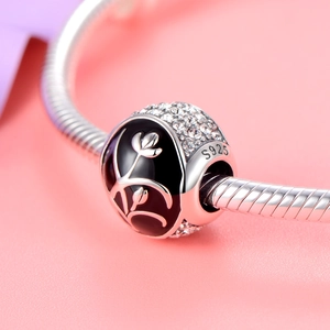 S925 zilveren bloemenkraal met zwart emaille en kristallen voor DIY armband sieraden