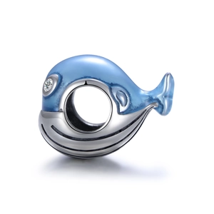 S925 silver whale charm with blue enamel and sparkling cubic zirconia for DIY bracelets