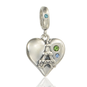 Charm cœur en argent S925 avec relief Tour Eiffel et pierres précieuses colorées