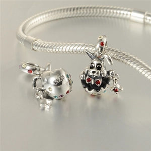 S925 sterling silver Easter bunny egg charm with colorful crystals for bracelets