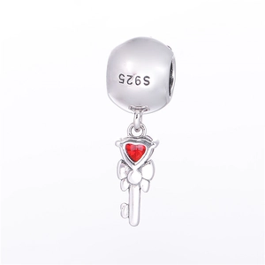 S925 sterling silver heart fairy wand charm with red zircon and winged key detail