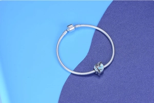 Macro detail of silver snake chain bracelet with blue enamel dolphin wave charm