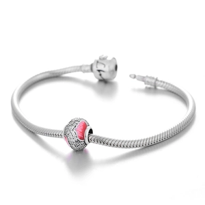 Pulsera de cadena de serpiente en plata S925 con dije de corazón de esmalte rosa y cristales