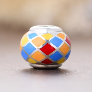 Abalorio de plata S925 esmaltado a cuadros coloridos para creación de joyas DIY