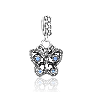 Charm pendentif papillon en argent S925 avec quatre pierres de zircon bleu étincelant