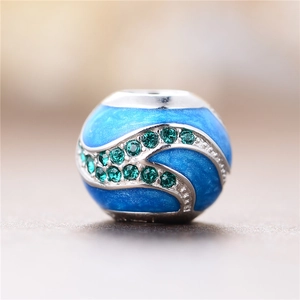 Abalorio de plata 925 con ondas de esmalte azul y circones verdes para pulseras DIY