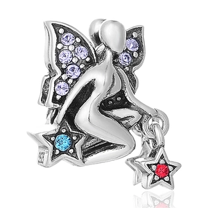 S925 sterling silver fairy butterfly charm with sparkling purple and blue crystals