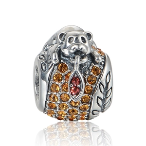 S925 silver charm with cute animal on amber zircon bead and pink teardrop gem