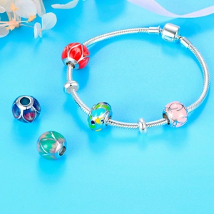 Charms de Plata de Ley 925 Esmalte Degradado Cuentas Patrón Floral Geométrico para DIY Pulsera Joyería Mujer