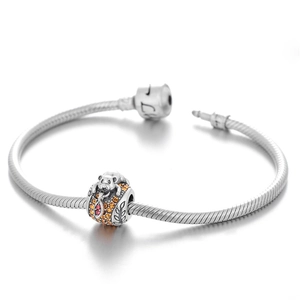 S925 sterling silver snake chain bracelet with sparkling bear and orange zircon charm