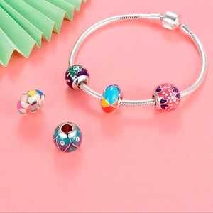 Pulsera de plata 925 de cadena de serpiente con abalorios de esmalte en rosa