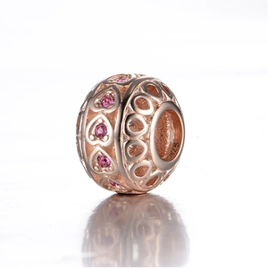 Abalorio de corazón oro rosa plata S925 con circonitas rosas para pulsera DIY