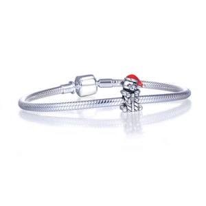 S925 sterling silver snake chain bracelet with festive Christmas bear charm and red enamel