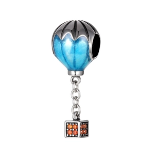 Charm montgolfière en argent S925 avec émail bleu et zircone orange étincelante