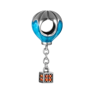 Charme de montgolfière en argent S925 avec émail bleu et oxydes de zirconium orange