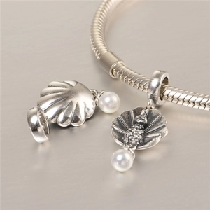 S925 sterling silver shell pendant charms with freshwater pearls on snake chain bracelet