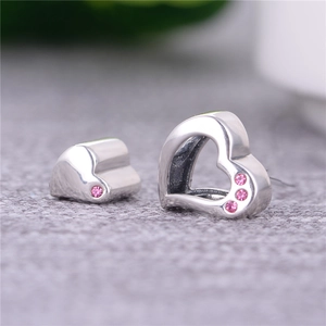 Perline a cuore in argento sterling S925 lucido con gemme rosa per gioielli fai da te