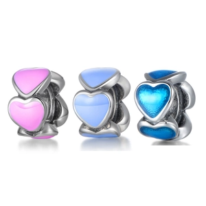 925 Ασήμι Καρδιά Σμάλτο Charms για DIY Βραχιόλι Μπλε Ροζ Μοβ Χάντρες Σμάλτο Γυναικεία Κοσμήματα Αξεσουάρ