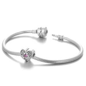Bracciale a catena serpente in argento sterling con pendente cuore e gemma rosa