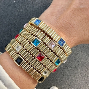 Fashion Alloy Gold Plated Square Colorful Crystal Elastic Bracelet For Women Vintage Ribbed Stretch Bangle Daily Jewelry