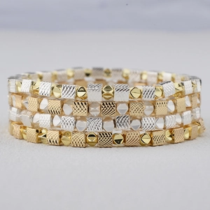 Niche European Minimalist Copper Square Bead Elastic Bracelet For Women Gold Silver Plated Geometric Metal Beads Jewelry Gift